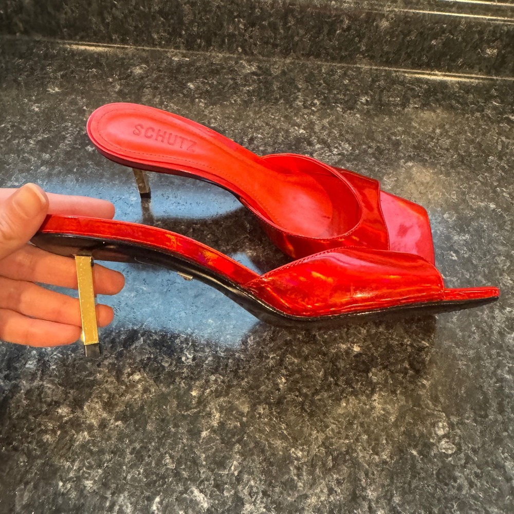 Schutz Red Metallic Leather Square Toe Mule Gold Stiletto‎ Heel Sandals 7.5B - Picture 6 of 9